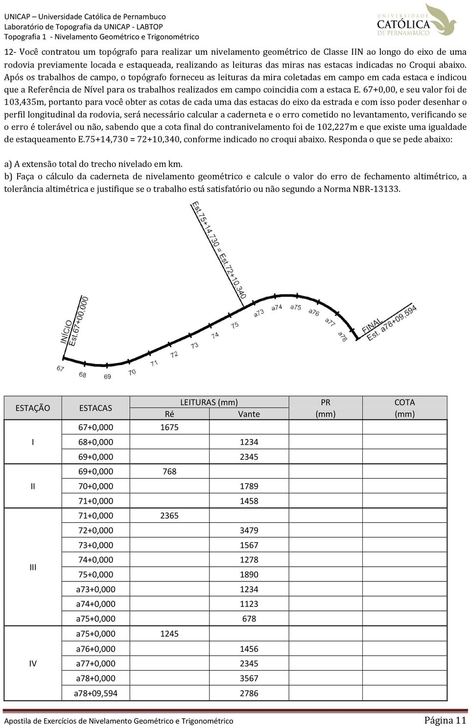 Após os trabalhos de campo, o topógrafo forneceu as leituras da mira coletadas em campo em cada estaca e indicou que a Referência de Nível para os trabalhos realizados em campo coincidia com a estaca