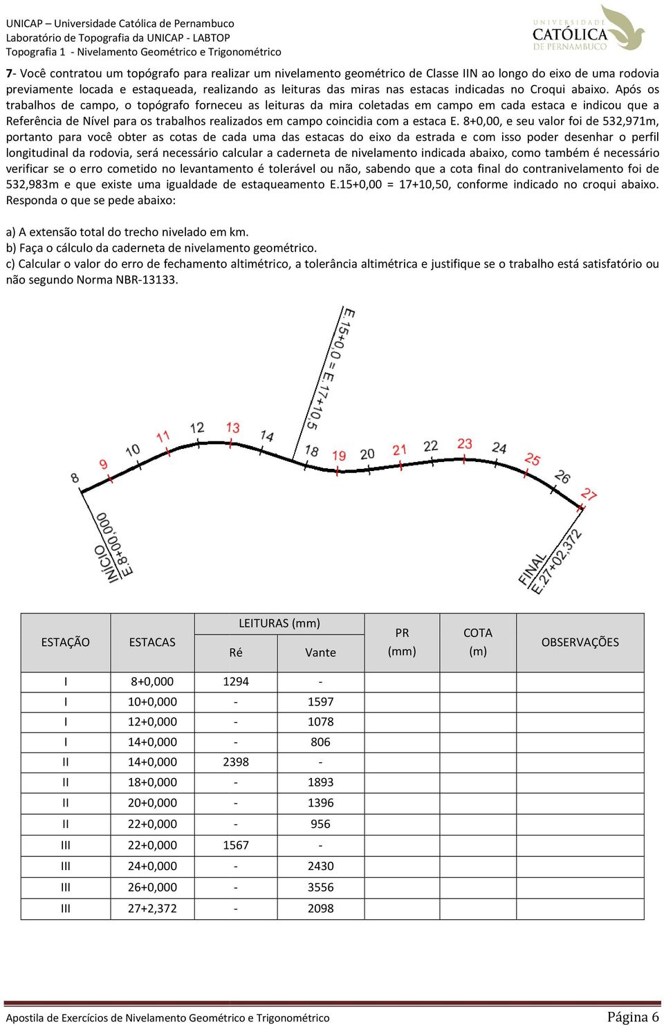 Após os trabalhos de campo, o topógrafo forneceu as leituras da mira coletadas em campo em cada estaca e indicou que a Referência de Nível para os trabalhos realizados em campo coincidia com a estaca