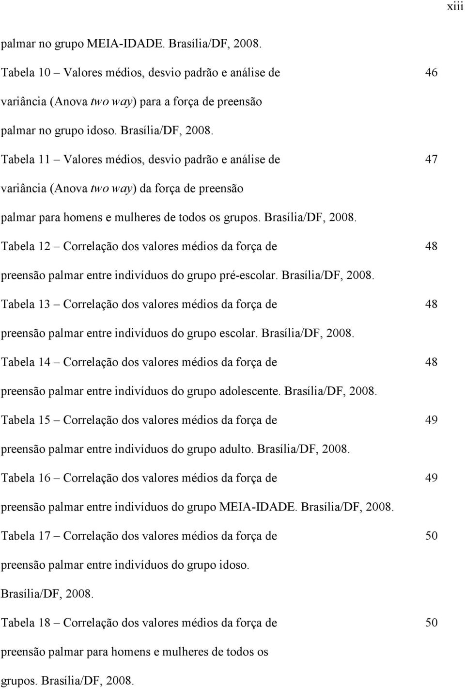 Tabela 11 Valores médios, desvio padrão e análise de 47 variância (Anova two way) da força de preensão palmar para homens e mulheres de todos os grupos. Brasília/DF, 2008.
