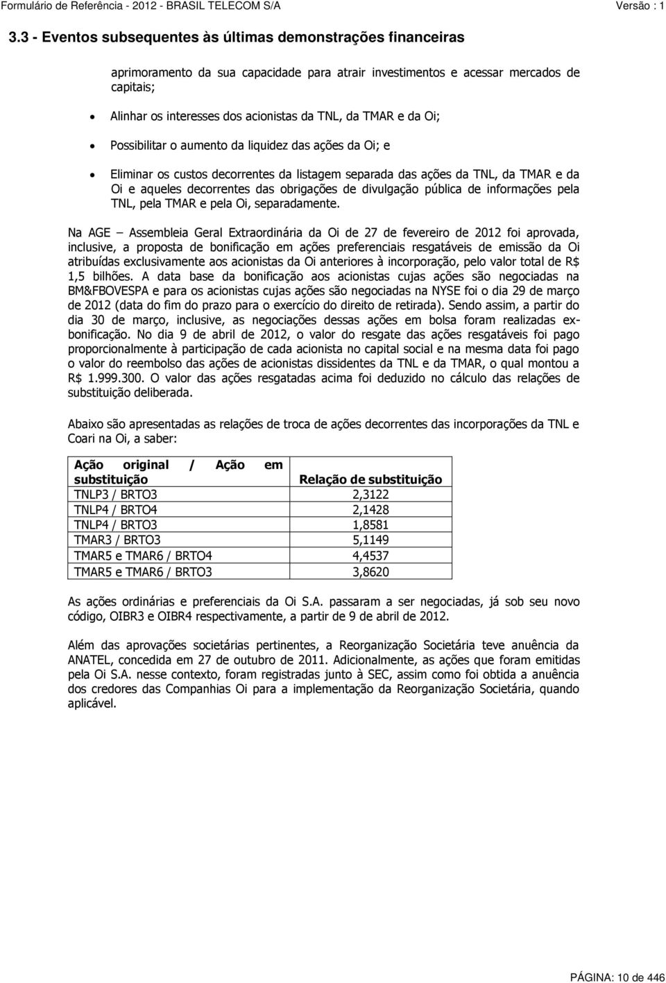 divulgação pública de informações pela TNL, pela TMAR e pela Oi, separadamente.