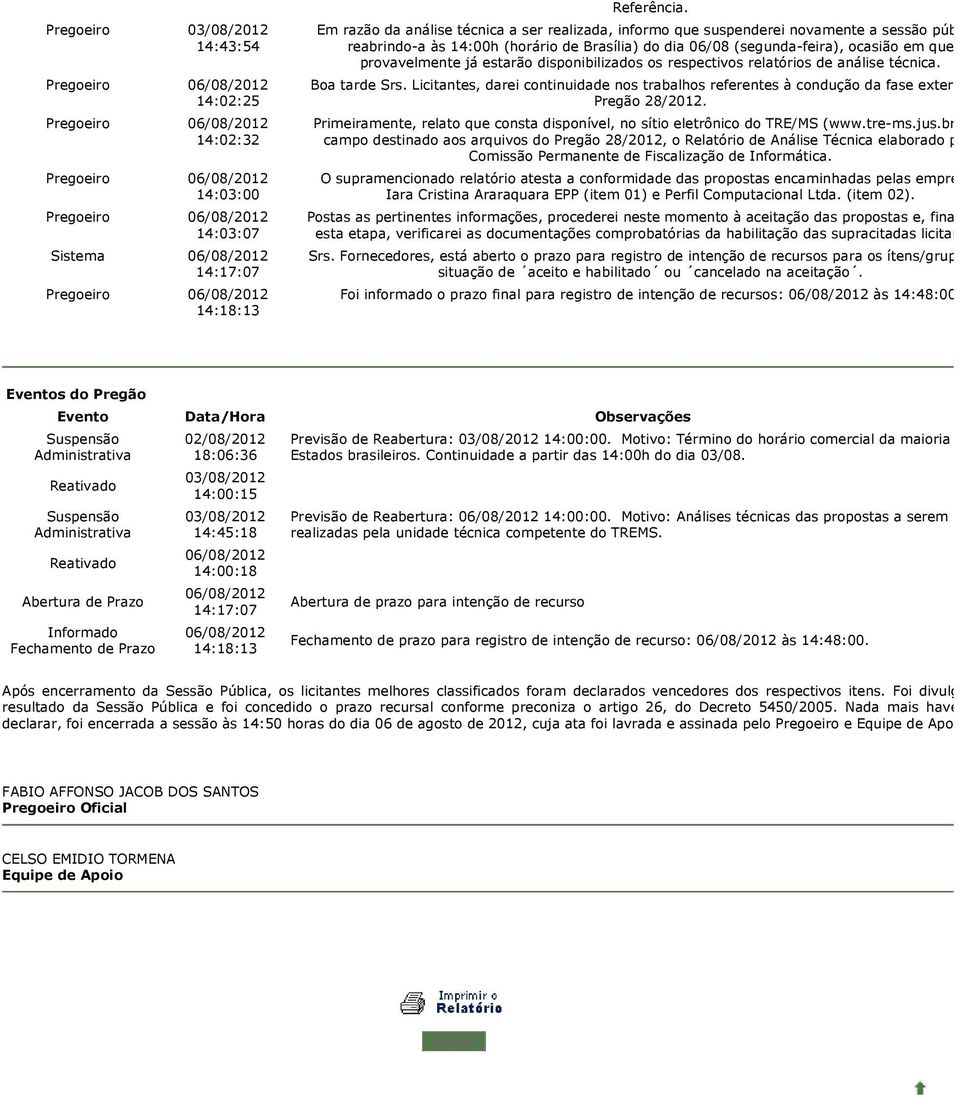 já estarão disponibilizados os respectivos relatórios de análise técnica. Boa tarde Srs. Licitantes, darei continuidade nos trabalhos referentes à condução da fase externa do Pregão 28/2012.