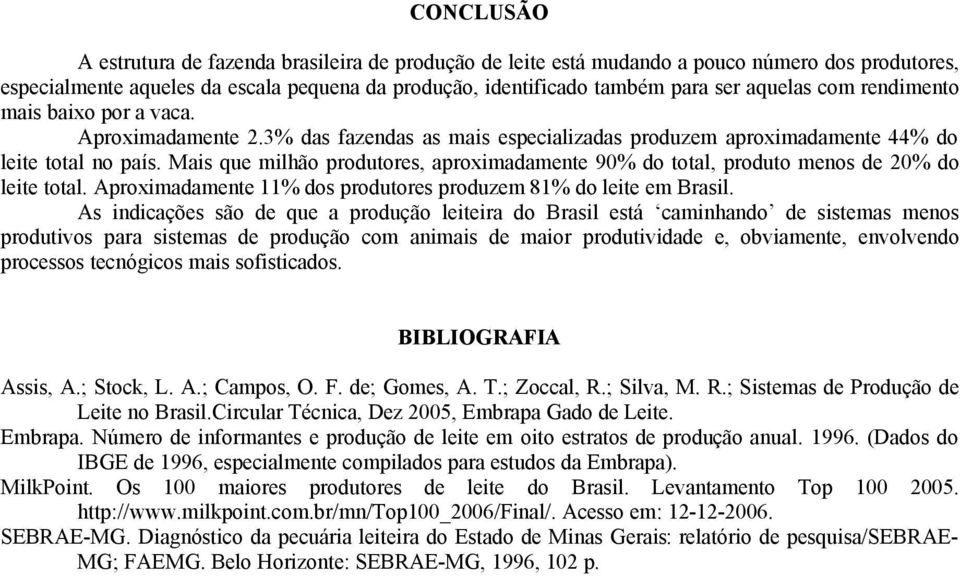 Mais que milhão produtores, aproximadamente 9% do total, produto menos de 2% do leite total. Aproximadamente 11% dos produtores produzem 81% do leite em Brasil.