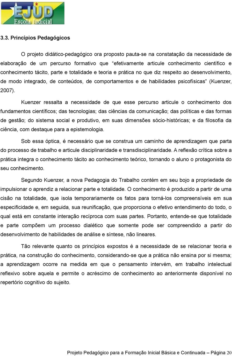 Kuenzer ressalta a necessidade de que esse percurso articule o conhecimento dos fundamentos científicos; das tecnologias; das ciências da comunicação; das políticas e das formas de gestão; do sistema