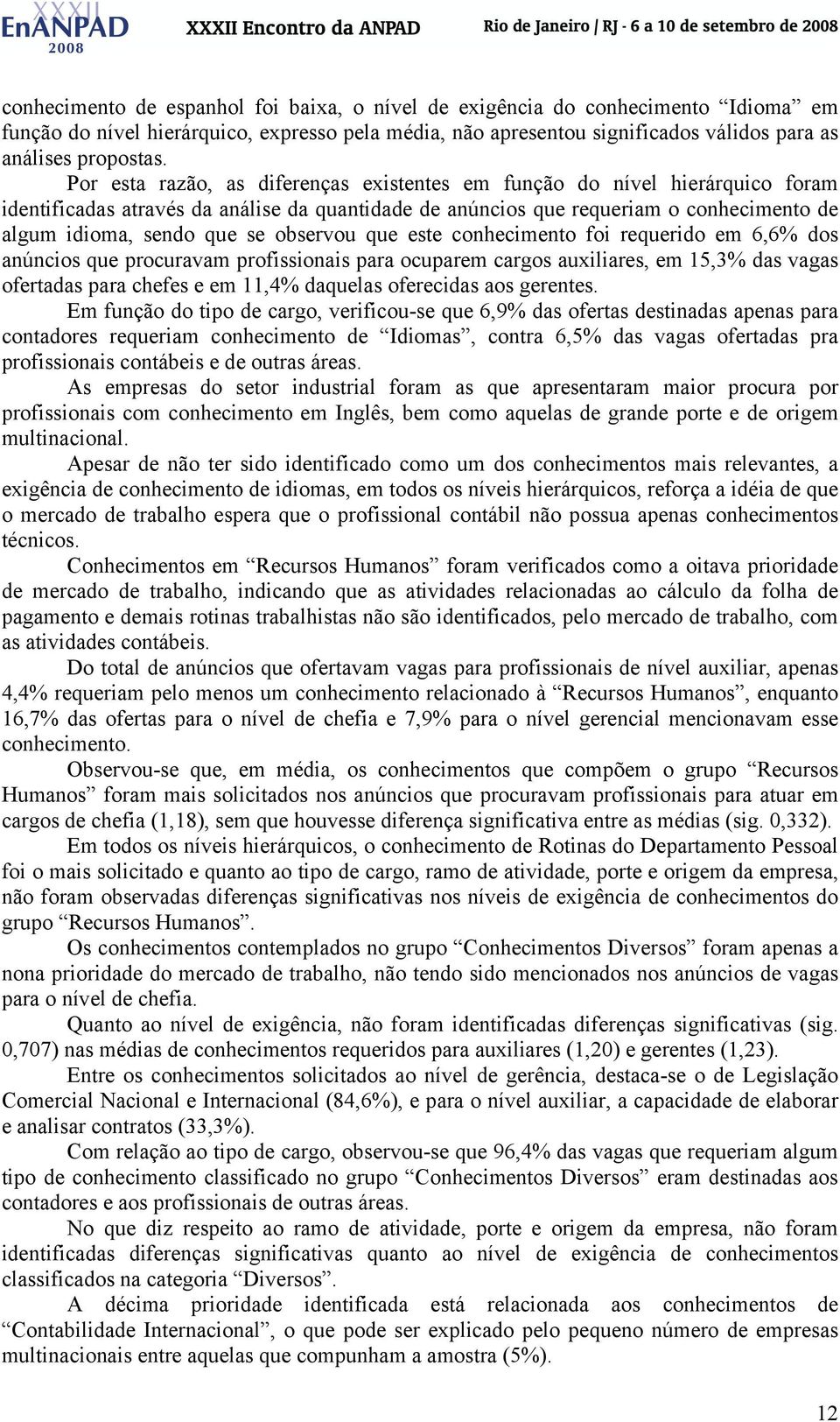 observou que este conhecimento foi requerido em 6,6% dos anúncios que procuravam profissionais para ocuparem cargos auxiliares, em 15,3% das vagas ofertadas para chefes e em 11,4% daquelas oferecidas