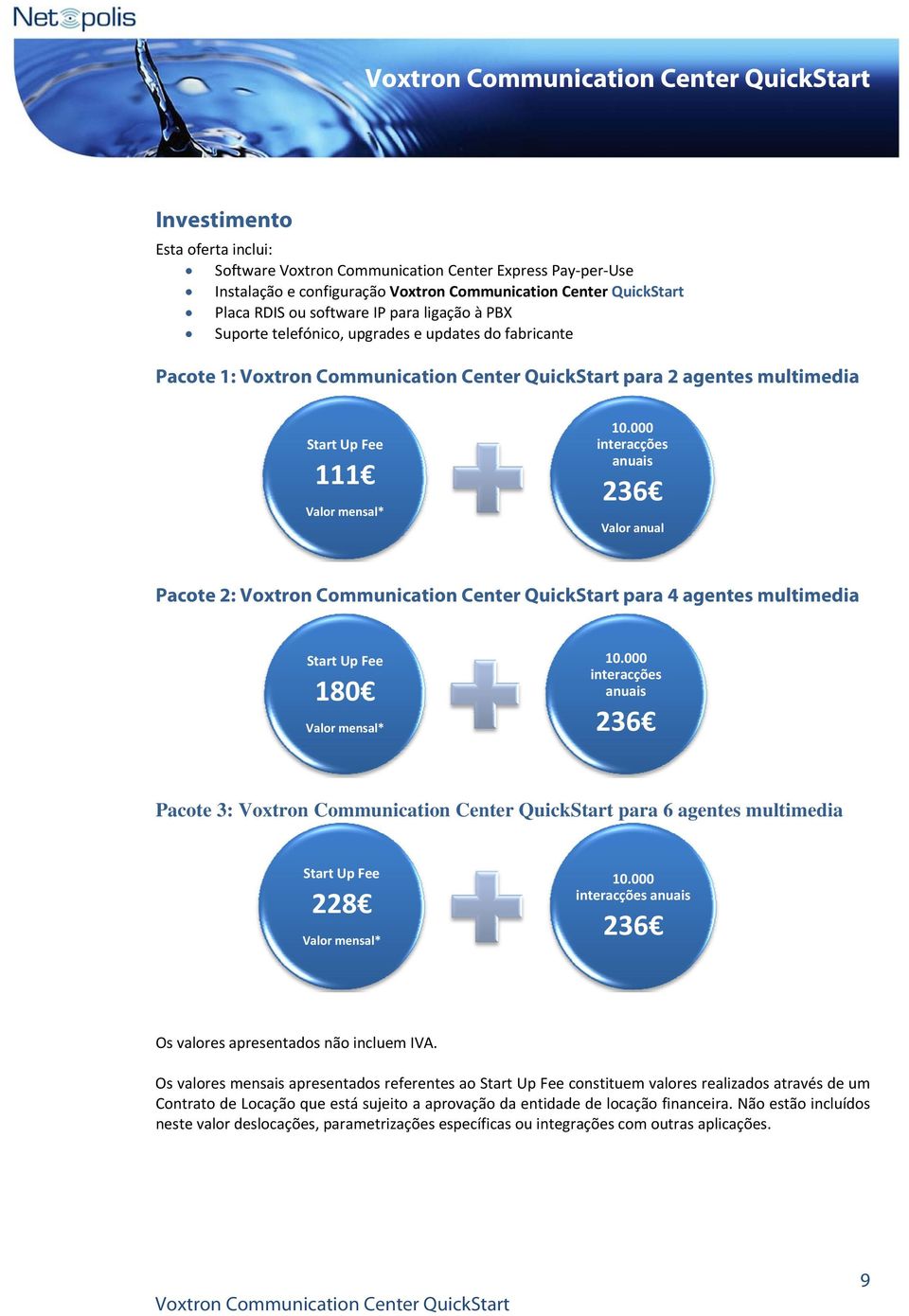 000 interacções anuais 236 Valor anual Pacote 2: para 4 agentes multimedia Start Up Fee 180 Valor mensal* 10.