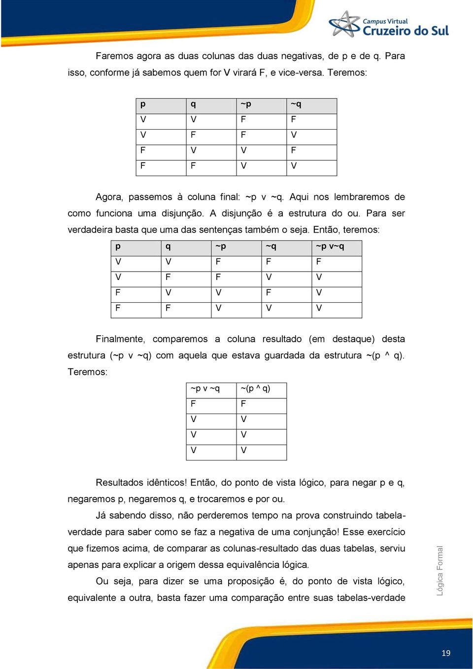 Então, teremos: p q ~p ~q ~p v~q inalmente, comparemos a coluna resultado (em destaque) desta estrutura (~p v ~q) com aquela que estava guardada da estrutura ~(p ^ q).