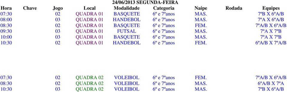 7ºA X 7ºB 10:00 03 QUADRA 01 BASQUETE 6º e 7ºanos MAS. 7ºA X 7ºB 10:30 02 QUADRA 01 HANDEBOL 6º e 7ºanos FEM.