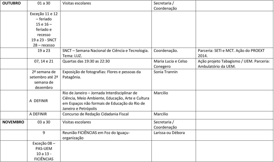 Rio de Janeiro Jornada Interdisciplinar de Ciência, Meio Ambiente, Educação, Arte e Cultura em Espaços não formais de Educação do Rio de Janeiro e Petrópolis Marcilio A DEFINIR Concurso de