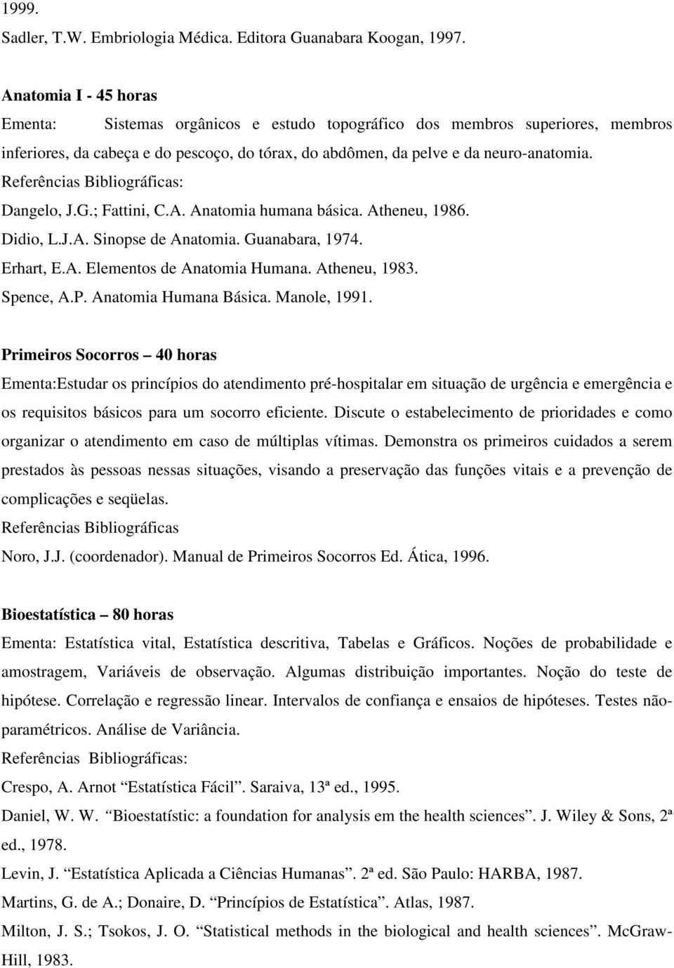 Dangelo, J.G.; Fattini, C.A. Anatomia humana básica. Atheneu, 1986. Didio, L.J.A. Sinopse de Anatomia. Guanabara, 1974. Erhart, E.A. Elementos de Anatomia Humana. Atheneu, 1983. Spence, A.P.