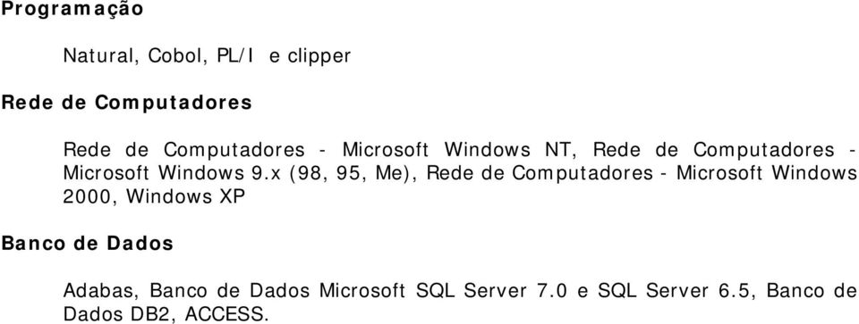x (98, 95, Me), Rede de Computadores - Microsoft Windows 2000, Windows XP Banco de