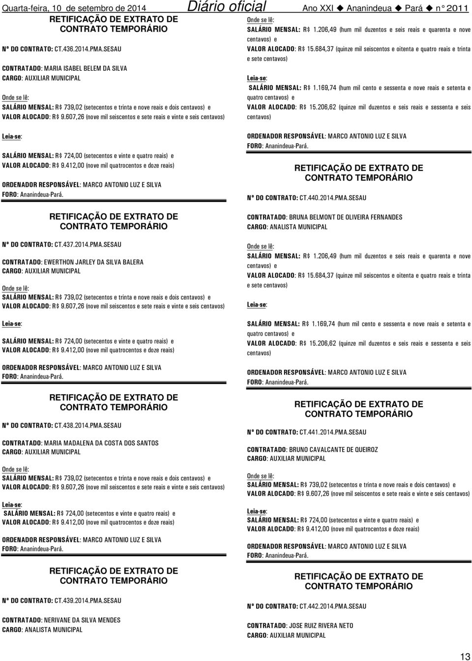 206,62 (quinze mil duzentos e seis reais e sessenta e seis Nº DO CONTRATO: CT.437.2014.PMA.SESAU CONTRATADO: EWERTHON JARLEY DA SILVA BALERA Nº DO CONTRATO: CT.438.2014.PMA.SESAU CONTRATADO: MARIA MADALENA DA COSTA DOS SANTOS Nº DO CONTRATO: CT.