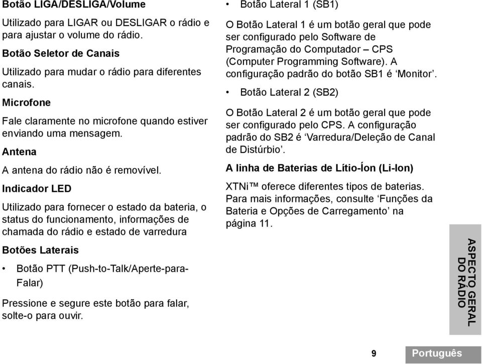 Indicador LED Utilizado para fornecer o estado da bateria, o status do funcionamento, informações de chamada do rádio e estado de varredura Botões Laterais Botão PTT (Push-to-Talk/Aperte-para- Falar)