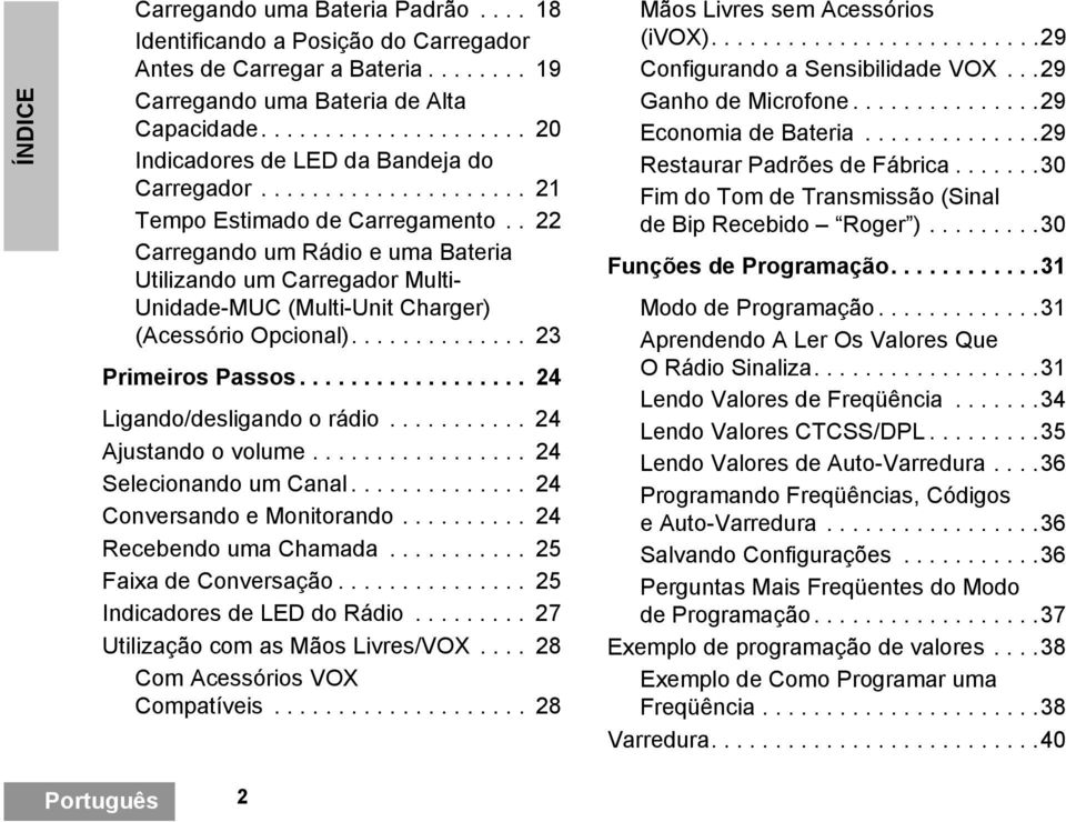 . 22 Carregando um Rádio e uma Bateria Utilizando um Carregador Multi- Unidade-MUC (Multi-Unit Charger) (Acessório Opcional).............. 23 Primeiros Passos.................. 24 Ligando/desligando o rádio.