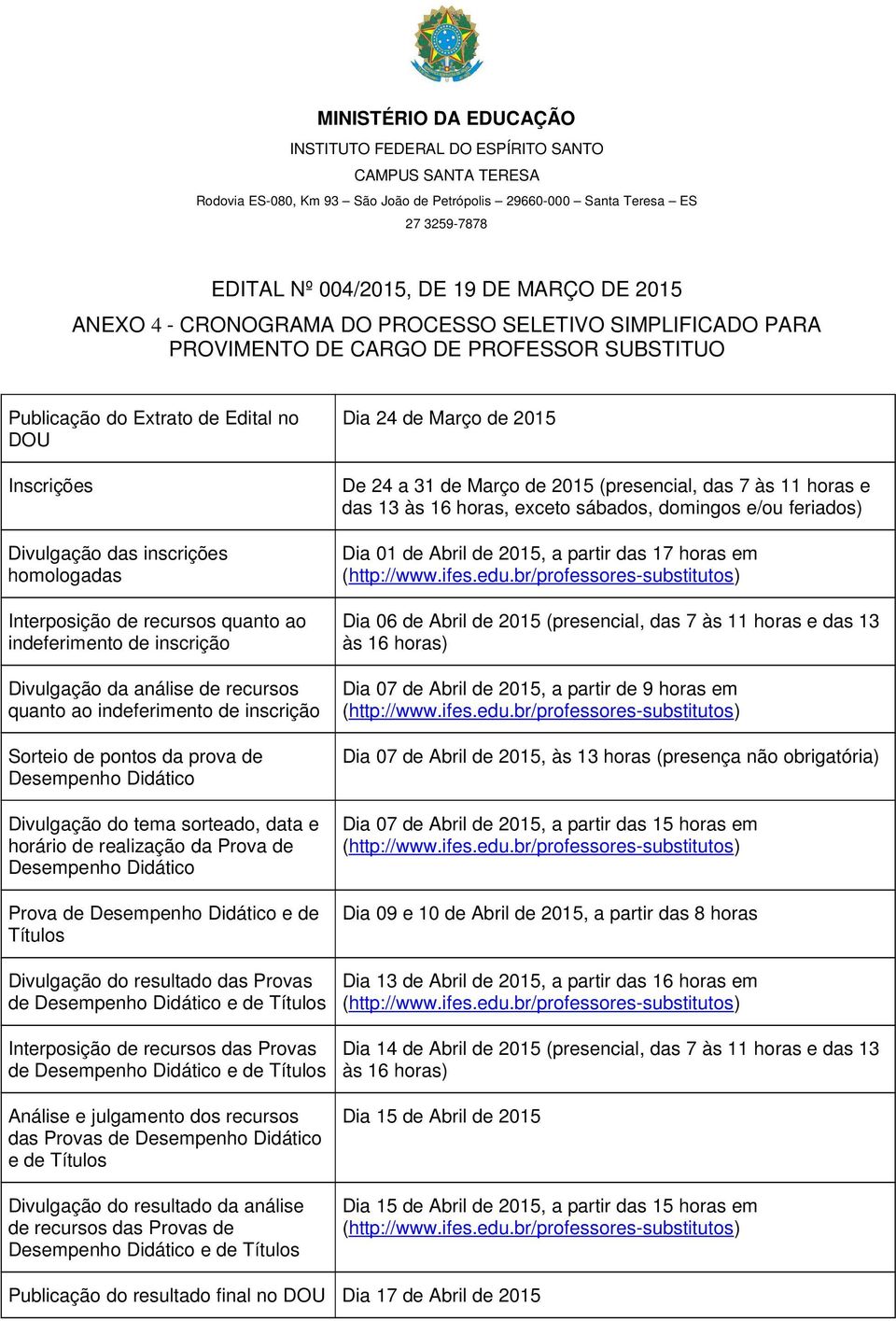 tema sorteado, data e horário de realização da Prova de Desempenho Didático Prova de Desempenho Didático e de Títulos Divulgação do resultado das Provas de Desempenho Didático e de Títulos