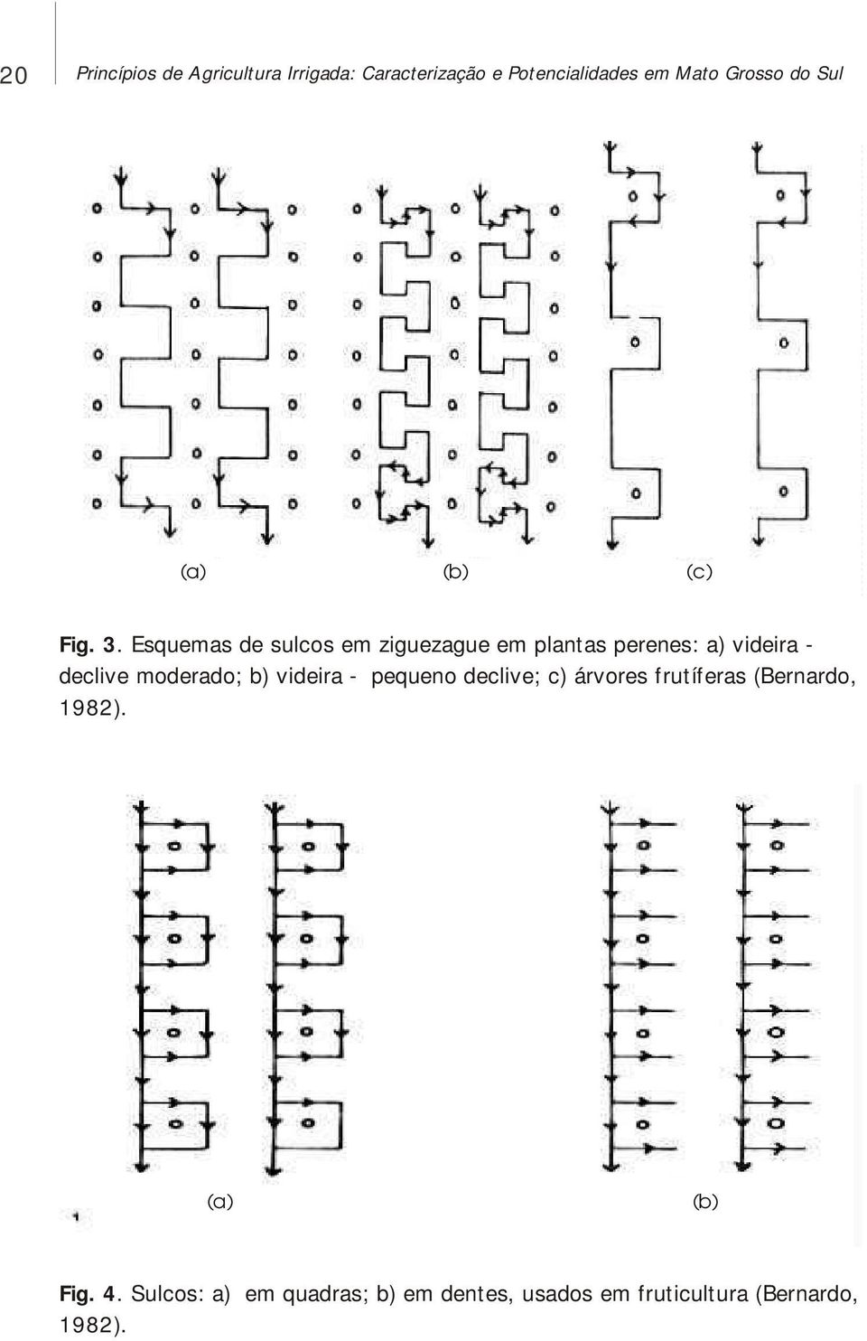 Esquemas de sulcos em ziguezague em plantas perenes: a) videira - declive moderado; b)