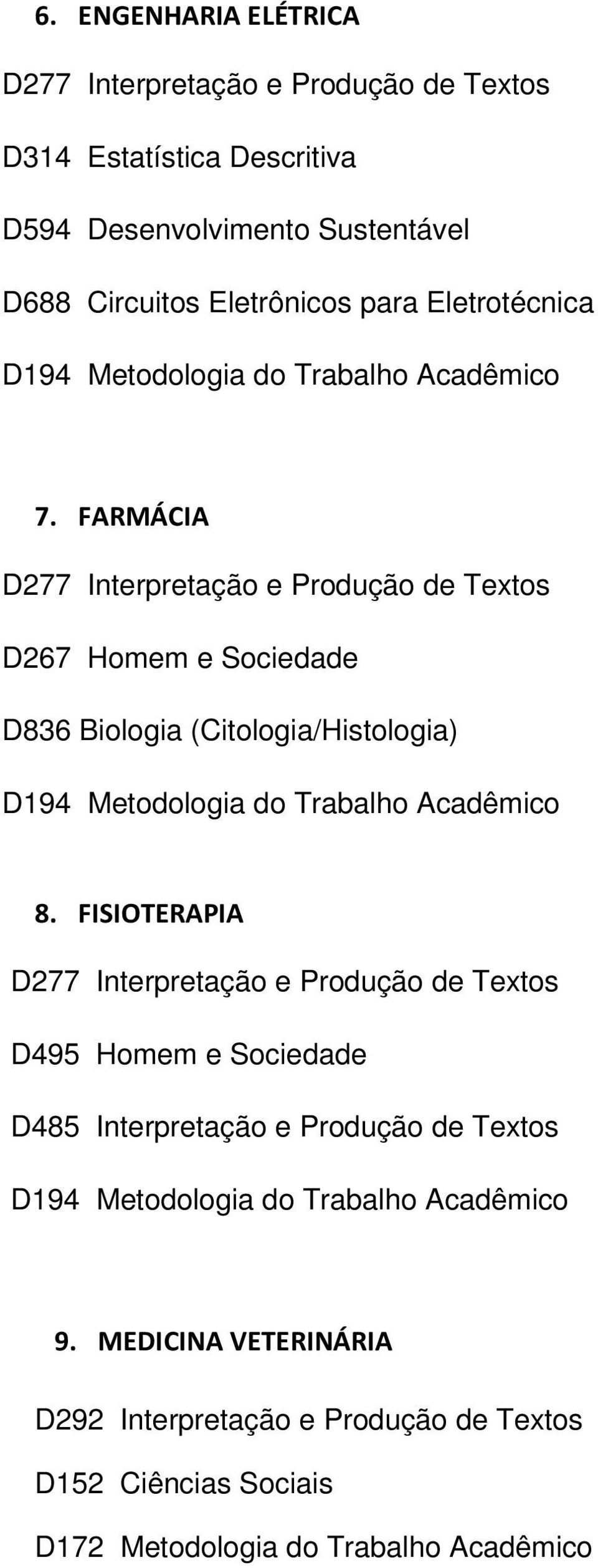 FARMÁCIA D267 Homem e Sociedade D836 Biologia (Citologia/Histologia) 8.