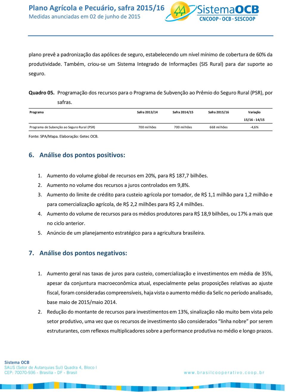 Programação dos recursos para o Programa de Subvenção ao Prêmio do Seguro Rural (PSR), por safras.