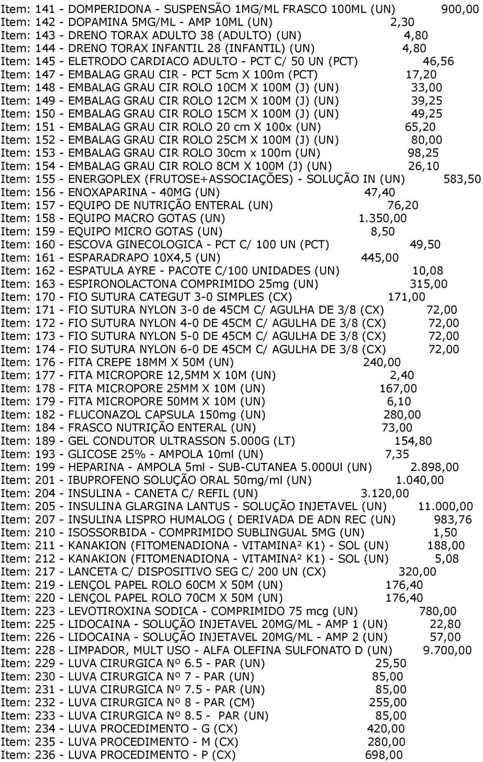 100M (J) (UN) 33,00 Item: 149 - EMBALAG GRAU CIR ROLO 12CM X 100M (J) (UN) 39,25 Item: 150 - EMBALAG GRAU CIR ROLO 15CM X 100M (J) (UN) 49,25 Item: 151 - EMBALAG GRAU CIR ROLO 20 cm X 100x (UN) 65,20