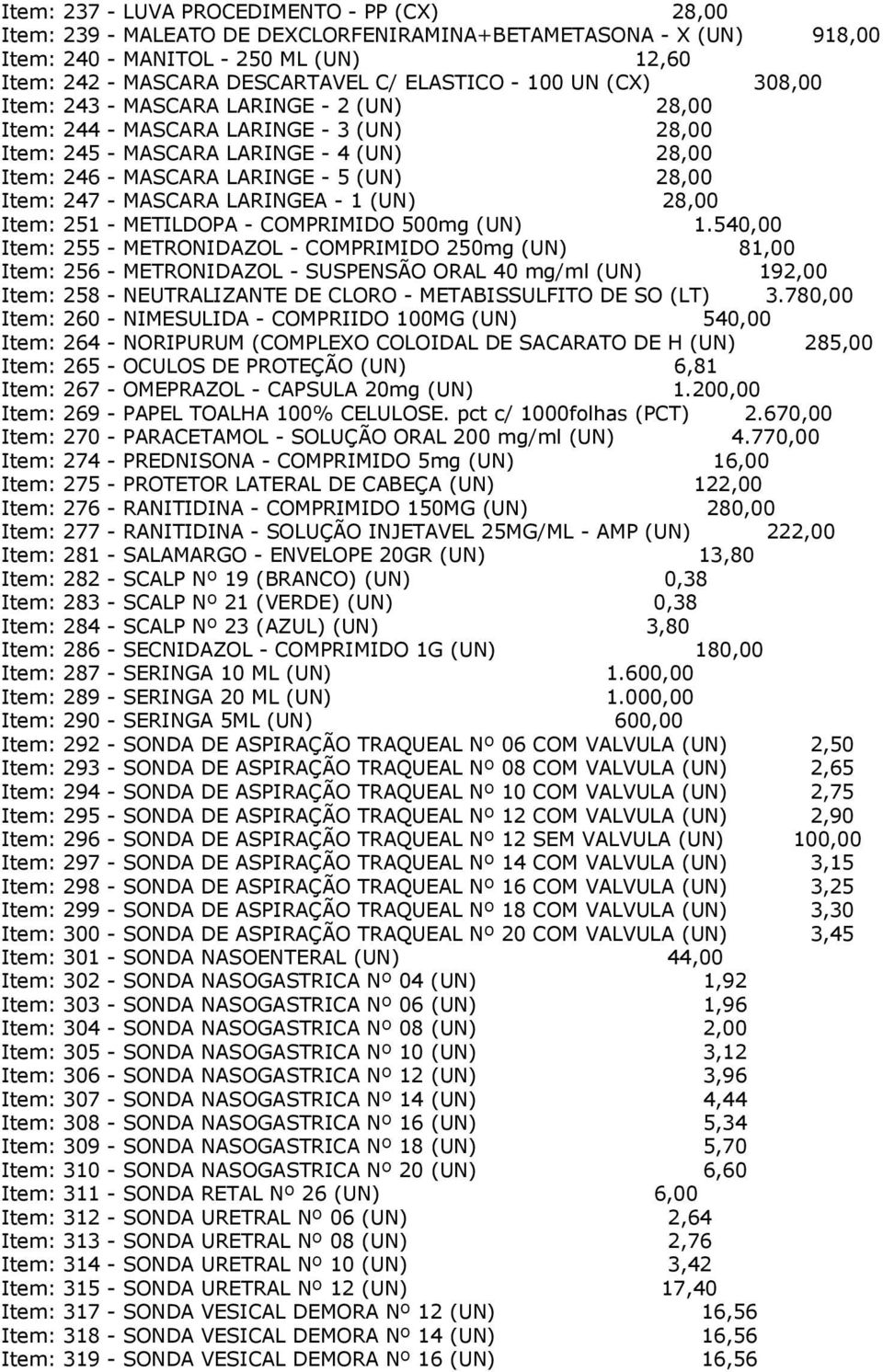 247 - MASCARA LARINGEA - 1 (UN) 28,00 Item: 251 - METILDOPA - COMPRIMIDO 500mg (UN) 1.