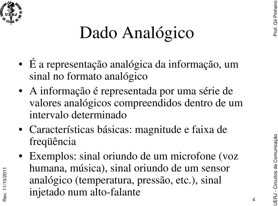 magnitude e faixa de freqüência Exemplos: sinal oriundo de um microfone (voz humana, música), sinal oriundo de um