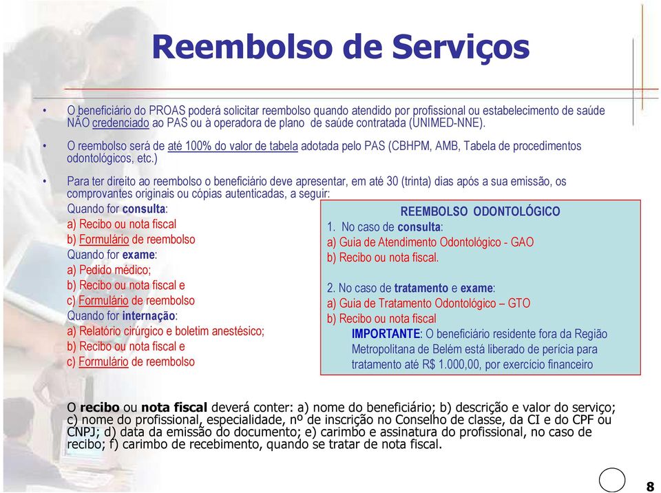 ) Para ter direito ao reembolso o beneficiário deve apresentar, em até 30 (trinta) dias após a sua emissão, os comprovantes originais ou cópias autenticadas, a seguir: Quando for consulta: REEMBOLSO