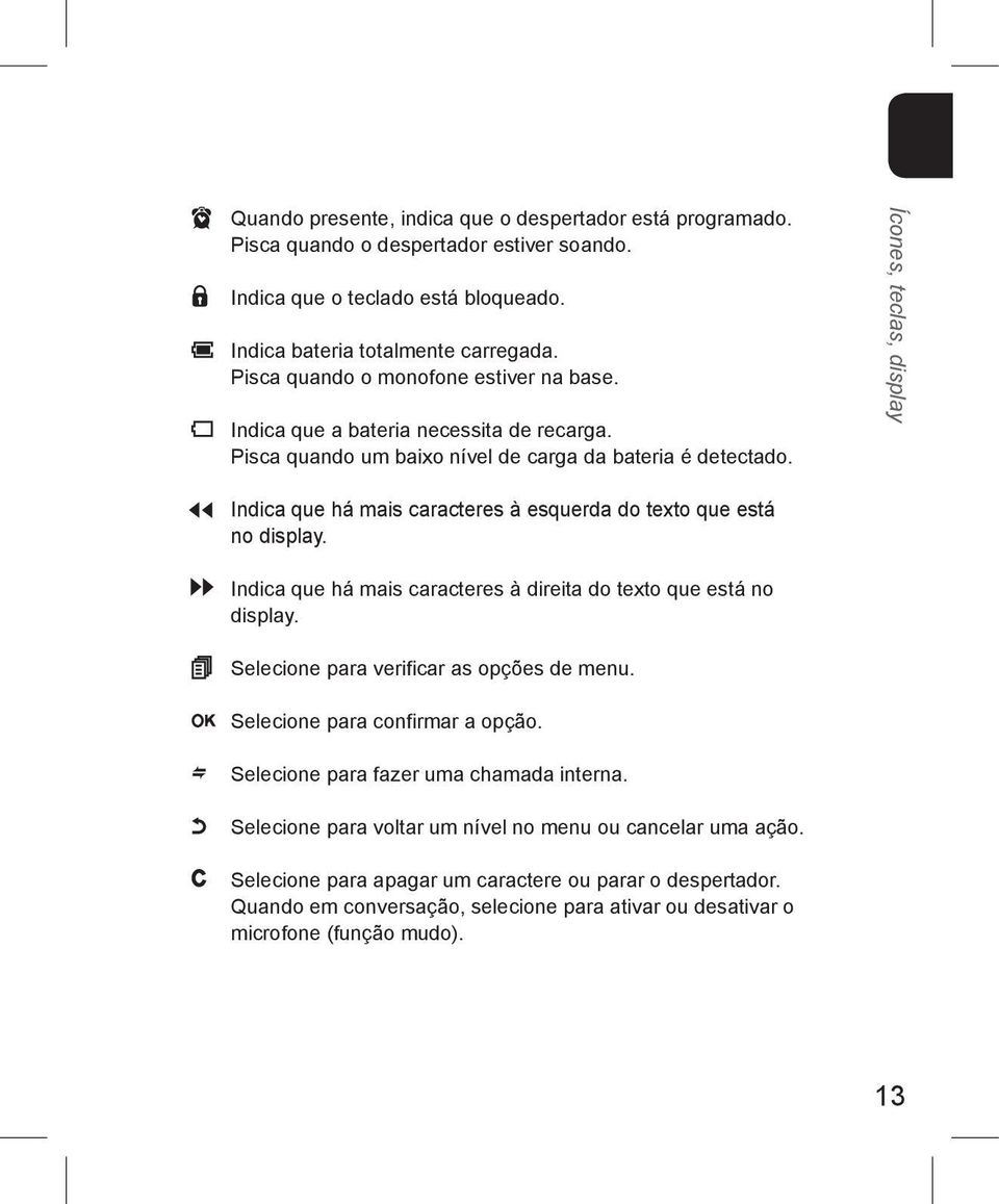 Ícones, teclas, display Indica que há mais caracteres à esquerda do texto que está no display. Indica que há mais caracteres à direita do texto que está no display.