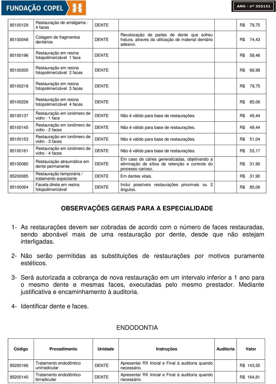 R$ 74,43 R$ 58,48 R$ 66,99 85100218 Restauração em resina fotopolimerizável 3 faces R$ 79,75 85100226 85100137 85100145 85100153 85100161 85100080 85200085 85100064 Restauração em resina