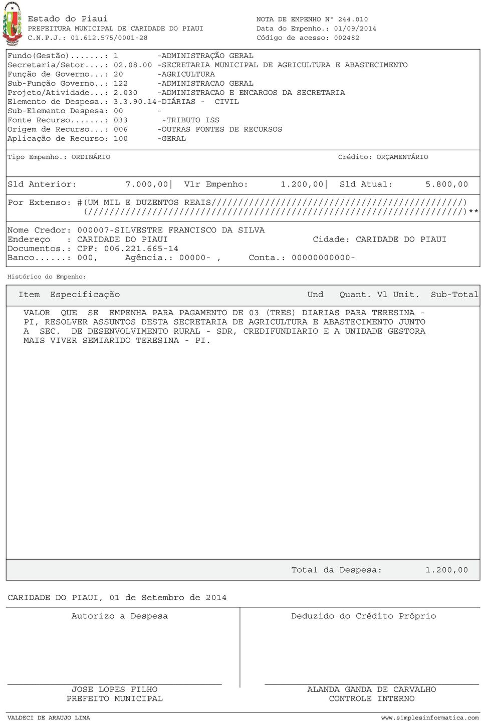 14-DIÁRIAS - CIVIL Sub-Elemento Despesa: 00 - Fonte Recurso...: 033 -TRIBUTO ISS Sld Anterior: 7.000,00 Vlr Empenho: 1.200,00 Sld Atual: 5.