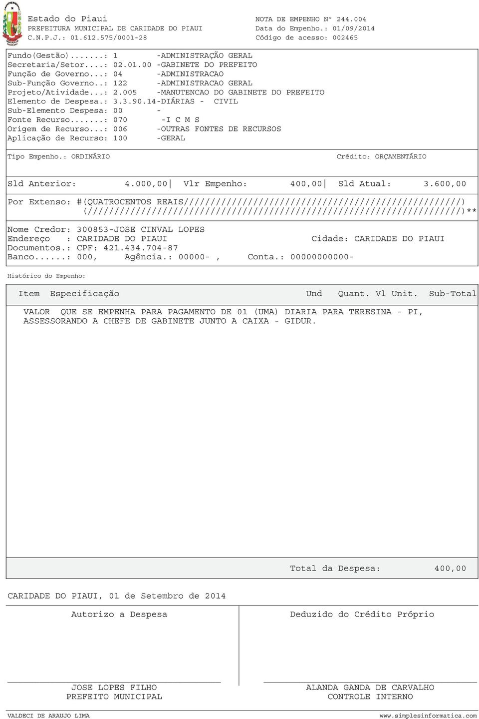 ..: 070 -I C M S Sld Anterior: 4.000,00 Vlr Empenho: 400,00 Sld Atual: 3.