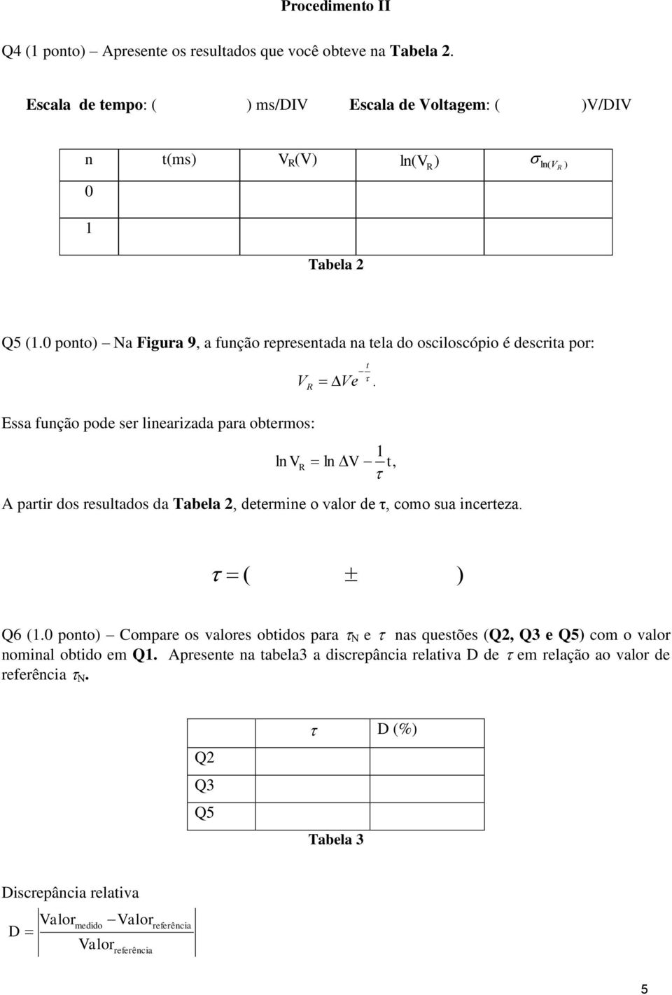 0 ponto) Na Figura 9, a função representada na tela do osciloscópio é descrita por: V R Ve t.