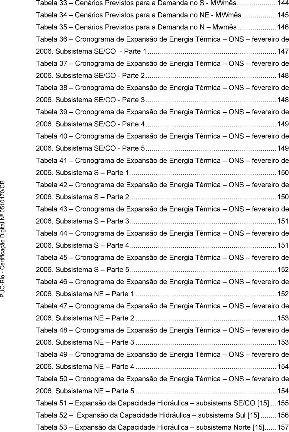 Subsistema SE/CO - Parte 2...148 Tabela 38 Cronograma de Expansão de Energia Térmica ONS fevereiro de 2006. Subsistema SE/CO - Parte 3.