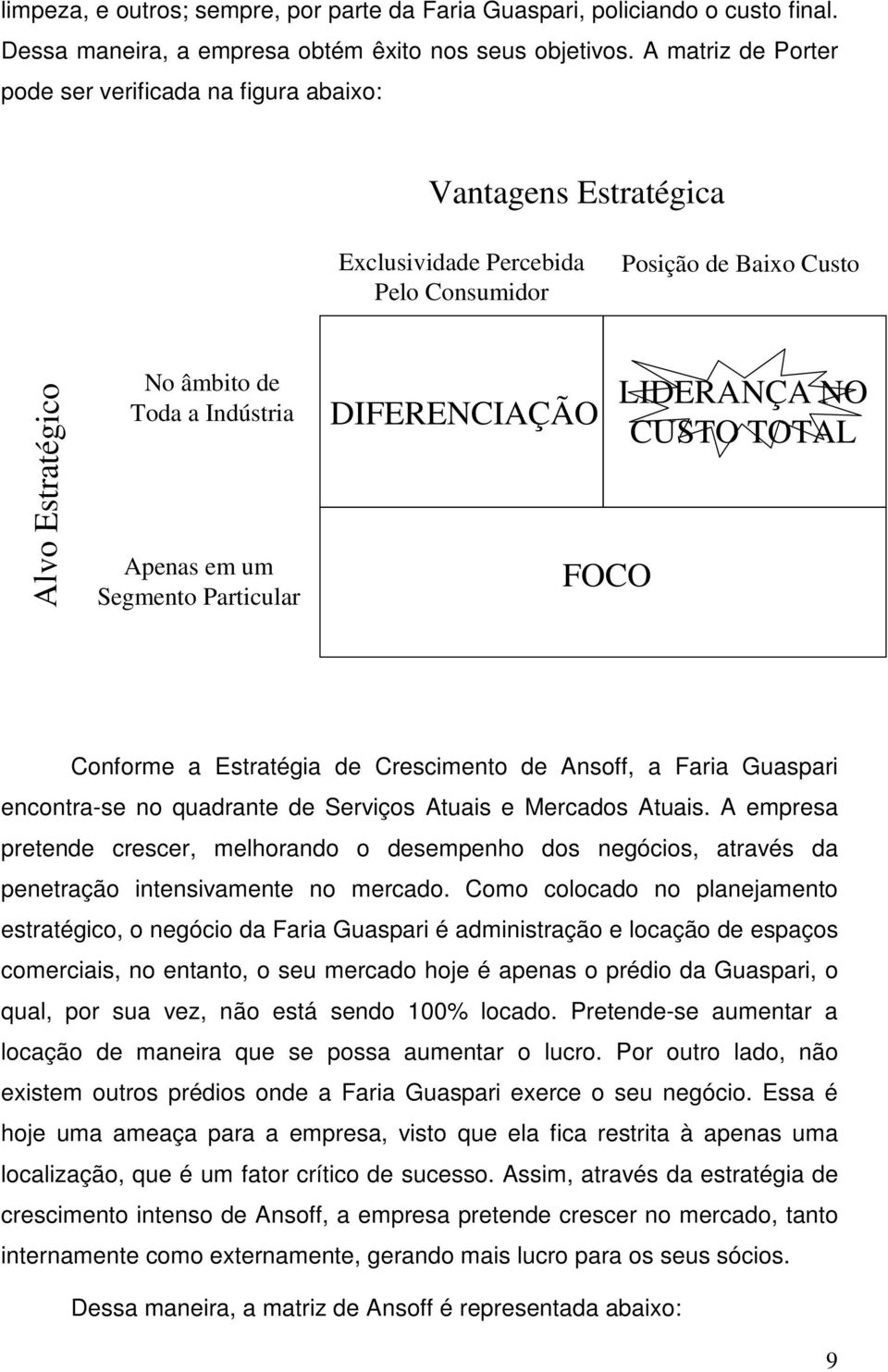 um Segmento Particular DIFERENCIAÇÃO FOCO LIDERANÇA NO CUSTO TOTAL Conforme a Estratégia de Crescimento de Ansoff, a Faria Guaspari encontra-se no quadrante de Serviços Atuais e Mercados Atuais.