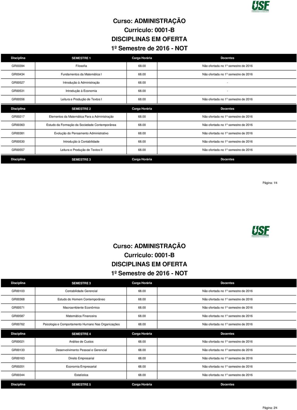 00 Não ofertada no 1º semestre de 2016 GR00217 GR00363 GR00381 GR00530 GR00557 SEMESTRE 2 Carga Horária Docentes Elementos da Matemática Para a Administração 68.