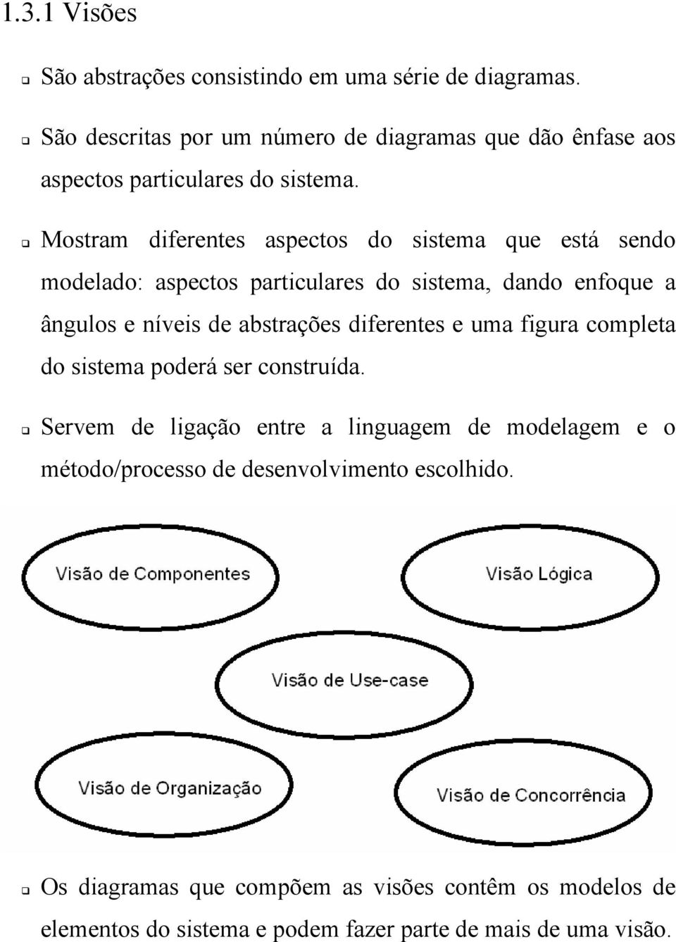 Mostram diferentes aspectos do sistema que está sendo modelado: aspectos particulares do sistema, dando enfoque a ângulos e níveis de abstrações