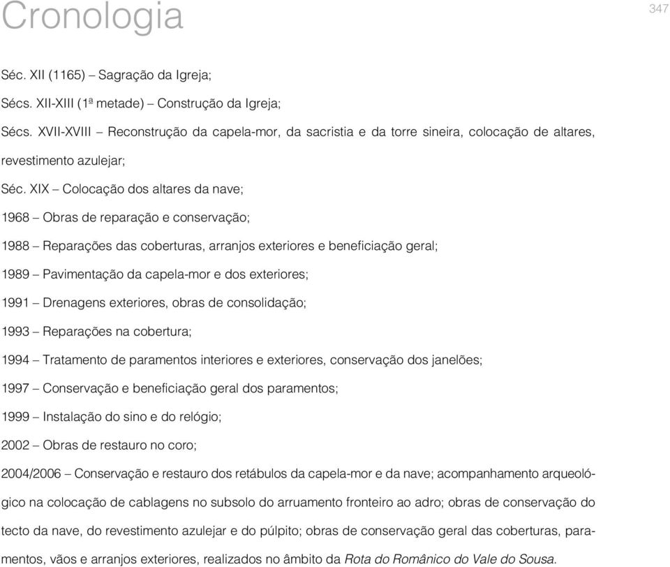 XIX Colocação dos altares da nave; 1968 Obras de reparação e conservação; 1988 Reparações das coberturas, arranjos exteriores e beneficiação geral; 1989 Pavimentação da capela-mor e dos exteriores;