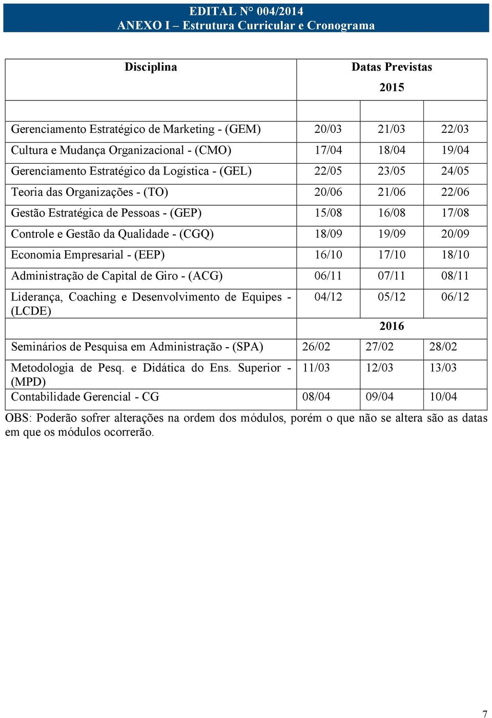 Gestão da Qualidade - (CGQ) 18/09 19/09 20/09 Economia Empresarial - (EEP) 16/10 17/10 18/10 Administração de Capital de Giro - (ACG) 06/11 07/11 08/11 Liderança, Coaching e Desenvolvimento de