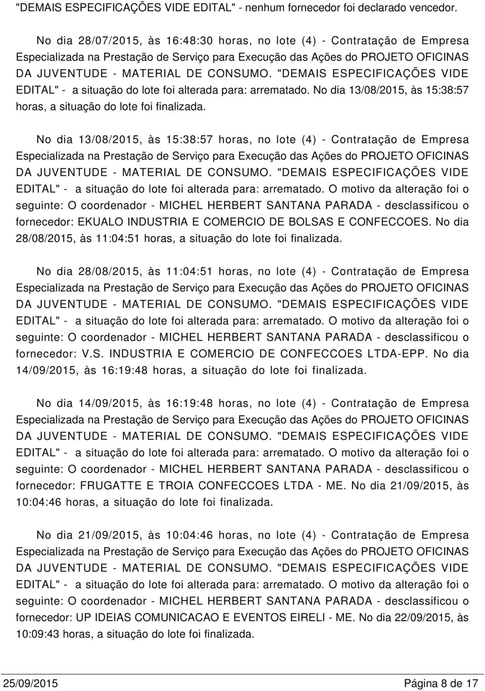 No dia 13/08/2015, às 15:38:57 horas, a situação do lote foi finalizada.