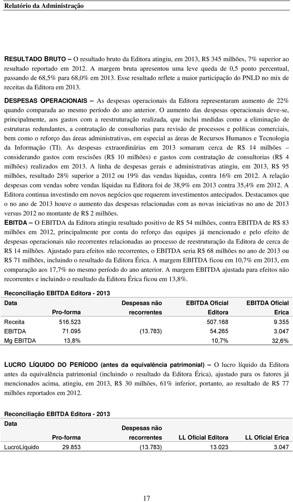 DESPESAS OPERACIONAIS As despesas operacionais da Editora representaram aumento de 22% quando comparada ao mesmo período do ano anterior.