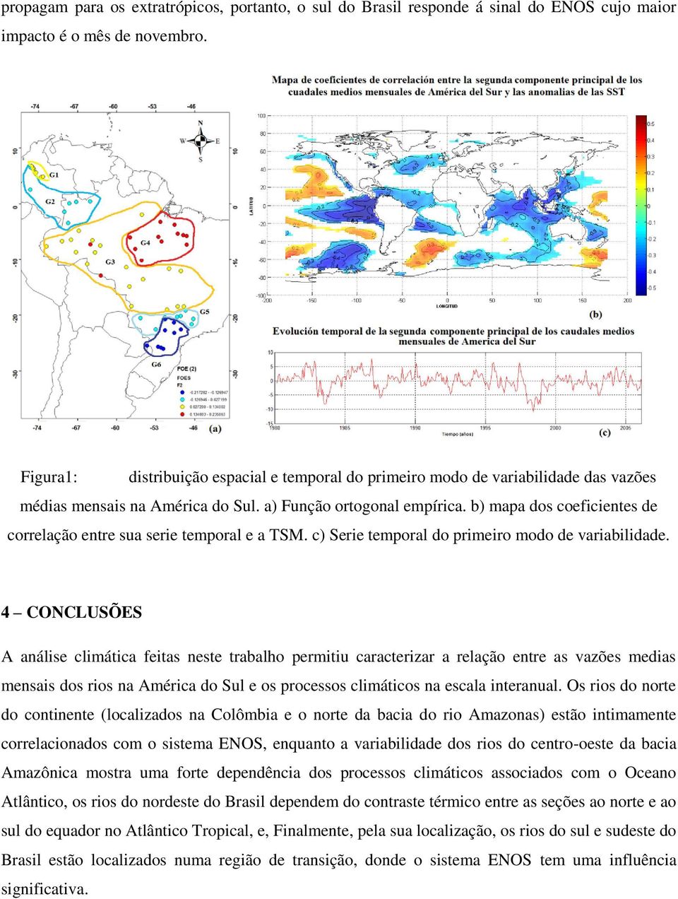 b) mapa dos coeficientes de correlação entre sua serie temporal e a TSM. c) Serie temporal do primeiro modo de variabilidade.