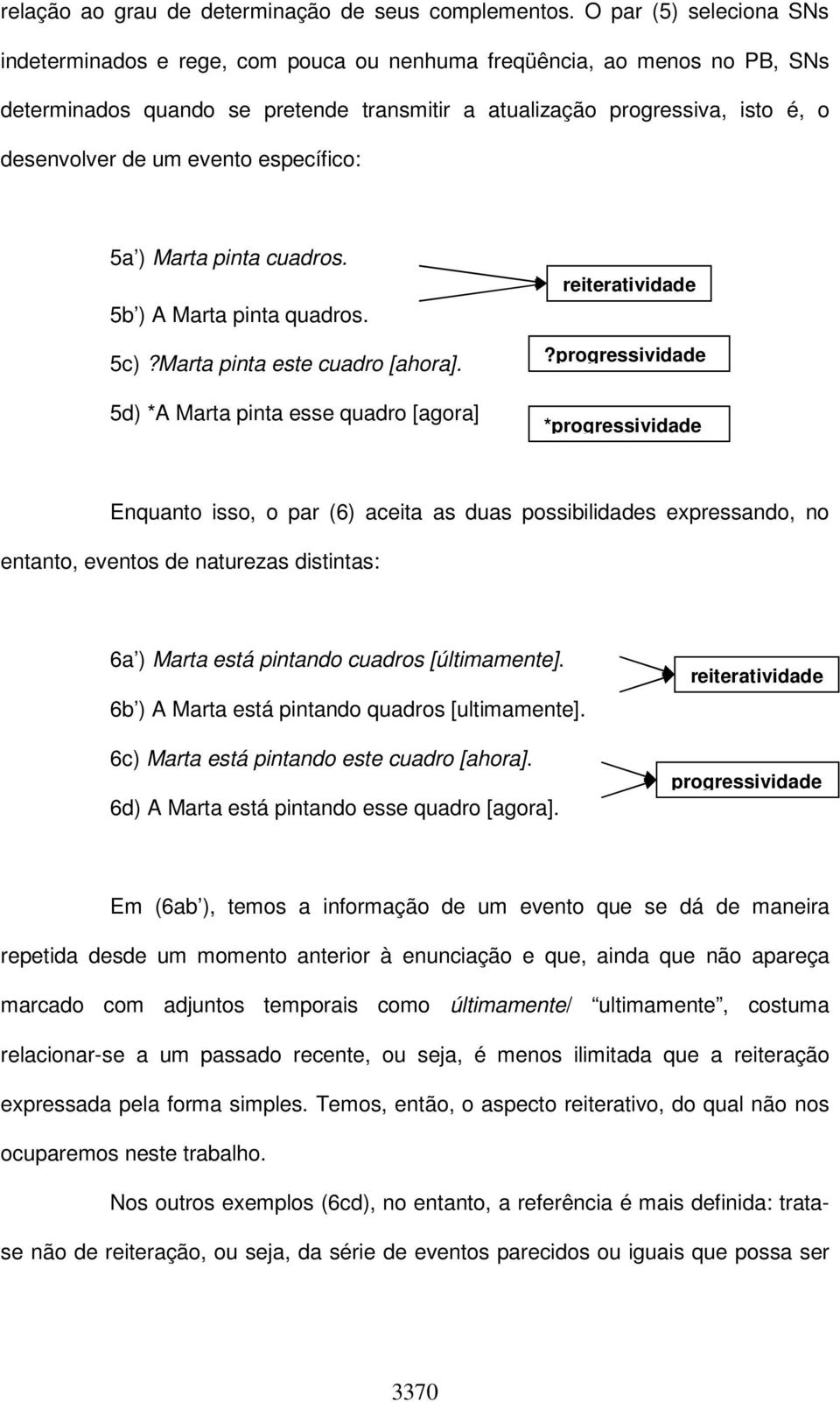 evento específico: 5a ) Marta pinta cuadros. 5b ) A Marta pinta quadros. 5c)?Marta pinta este cuadro [ahora]. 5d) *A Marta pinta esse quadro [agora] reiteratividade?