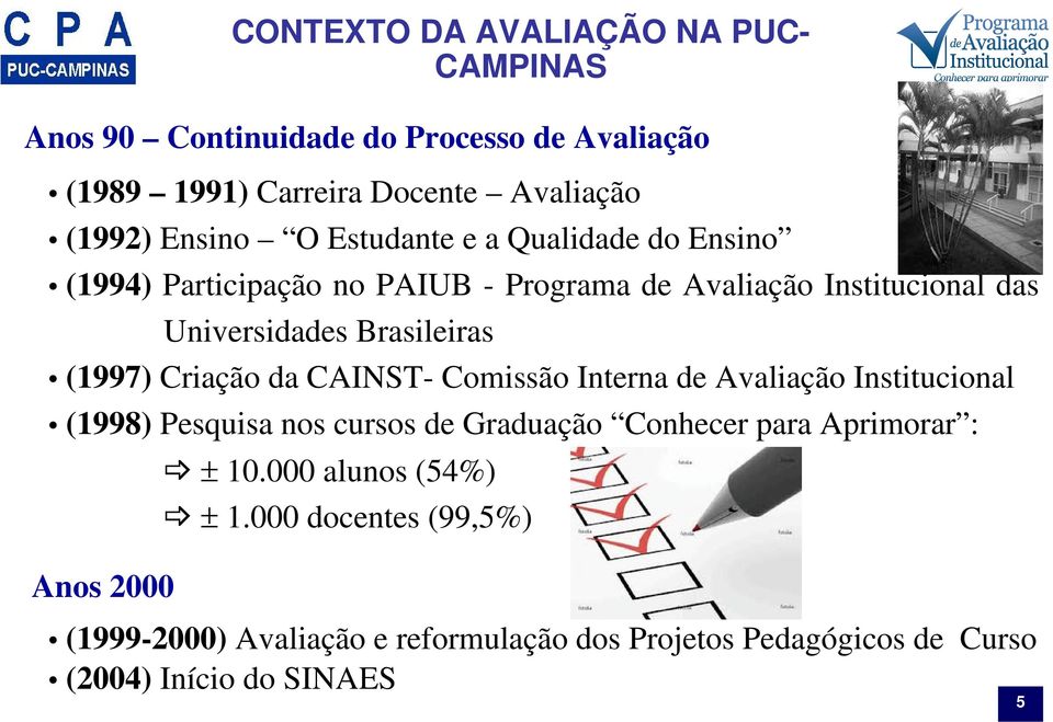 Criação da CAINST Comissão Interna de Avaliação Institucional (1998) Pesquisa nos cursos de Graduação Conhecer para Aprimorar : ± 10.