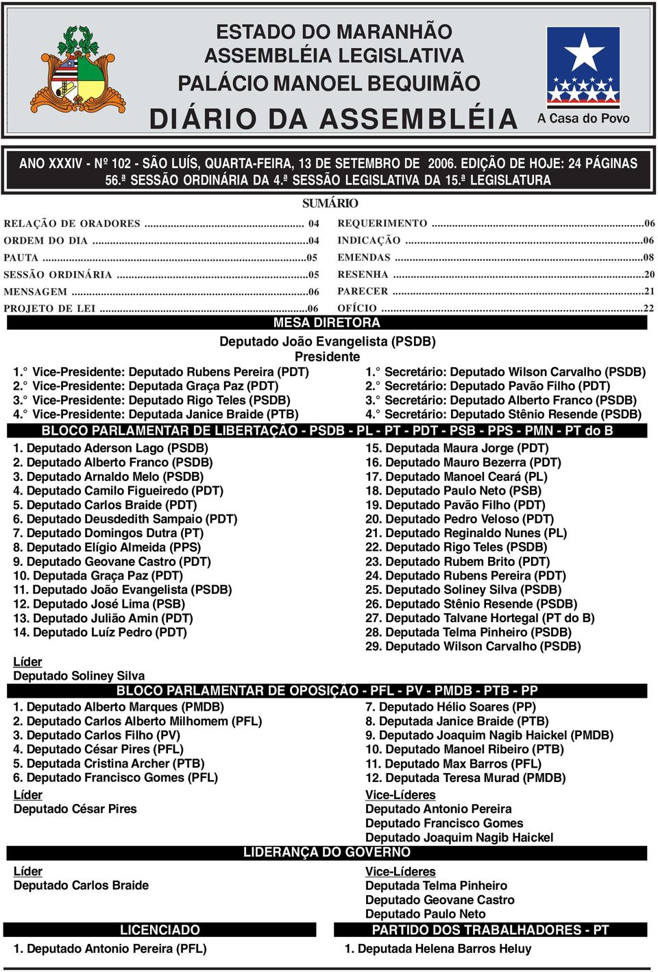 ..06 PROJETO DE LEI...06 REQUERIMENTO...06 INDICAÇÃO...06 EMENDAS...08 RESENHA...20 PARECER...21 OFÍCIO...22 MESA DIRETORA Deputado João Evangelista (PSDB) Presidente 1.