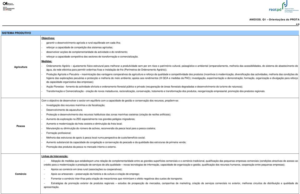 Medidas: Agricultura - Ordenamento Agrário ajustamento físico-estrutural para melhorar a produtividade sem por em risco o património cultural, paisagístico e ambiental (emparcelamento, melhoria das