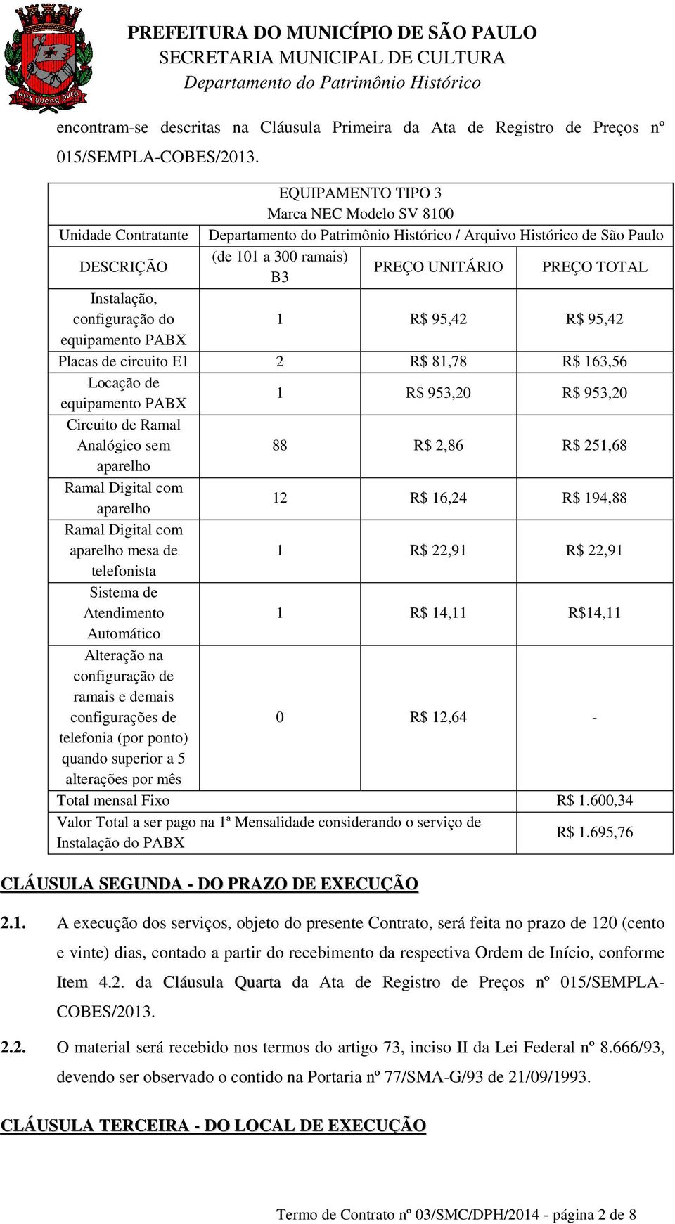 R$ 95,42 equipamento PABX Placas de circuito E1 2 R$ 81,78 R$ 163,56 Locação de equipamento PABX 1 R$ 953,20 R$ 953,20 Circuito de Ramal Analógico sem 88 R$ 2,86 R$ 251,68 aparelho Ramal Digital com