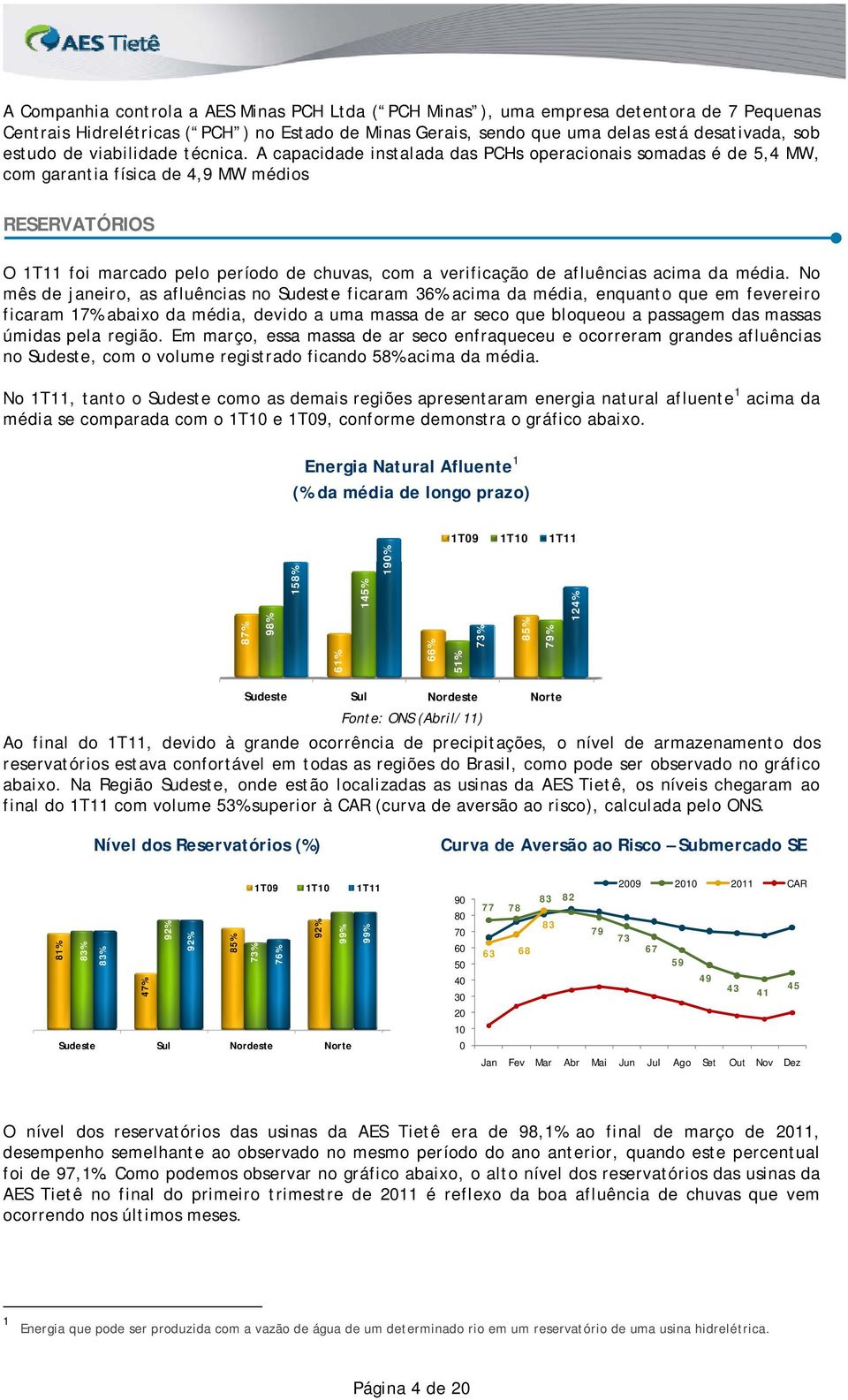 A capacidade instalada das PCHs operacionais somadas é de 5,4 MW, com garantia física de 4,9 MW médios RESERVATÓRIOS O 1T11 foi marcado pelo período de chuvas, com a verificação de afluências acima