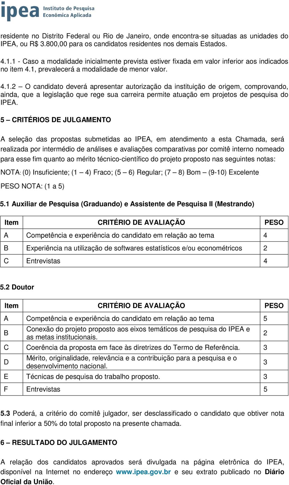 5 CRITÉRIOS DE JULGAMENTO A seleção das propostas submetidas ao IPEA, em atendimento a esta Chamada, será realizada por intermédio de análises e avaliações comparativas por comitê interno nomeado