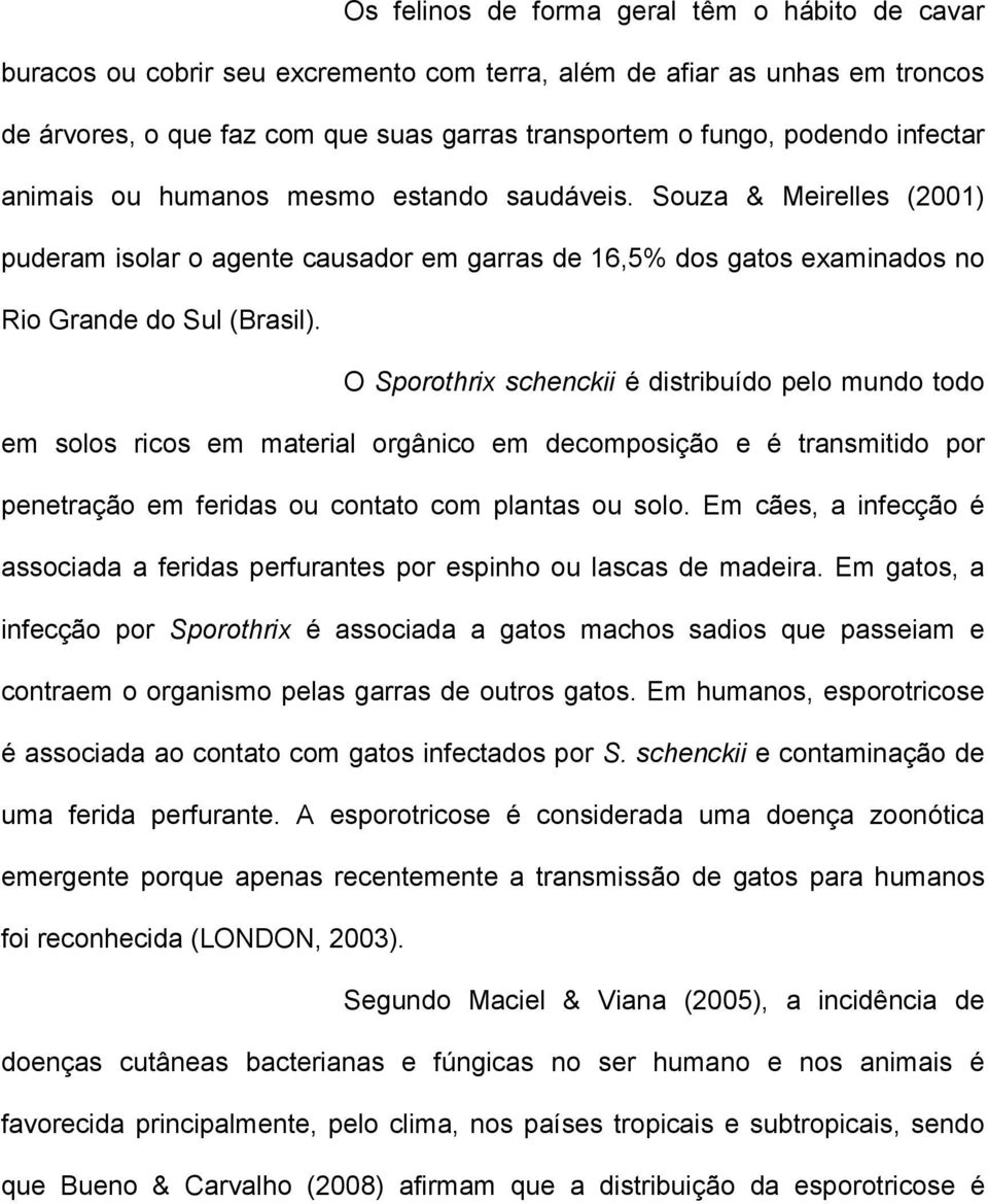 O Sporothrix schenckii é distribuído pelo mundo todo em solos ricos em material orgânico em decomposição e é transmitido por penetração em feridas ou contato com plantas ou solo.