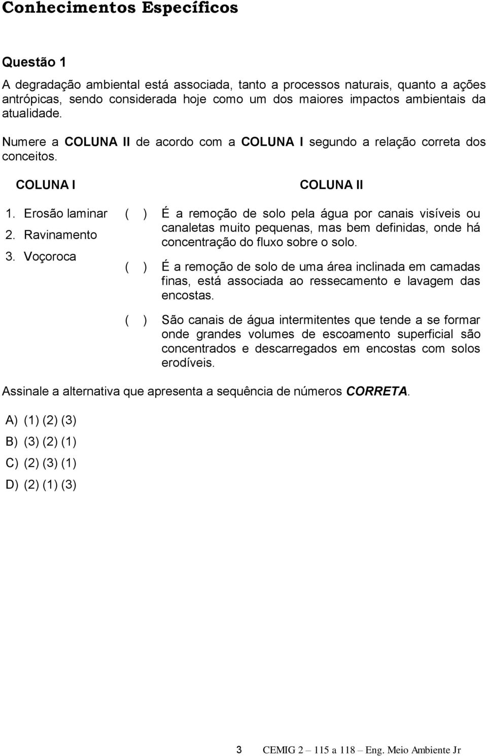 Voçoroca COLUNA II ( ) É a remoção de solo pela água por canais visíveis ou canaletas muito pequenas, mas bem definidas, onde há concentração do fluxo sobre o solo.