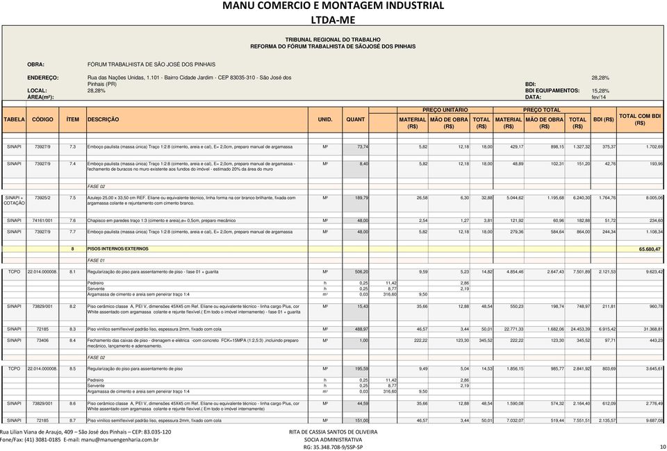 QUANT PREÇO UNITÁRIO PREÇO BDI COM BDI SINAPI 73927/9 7.