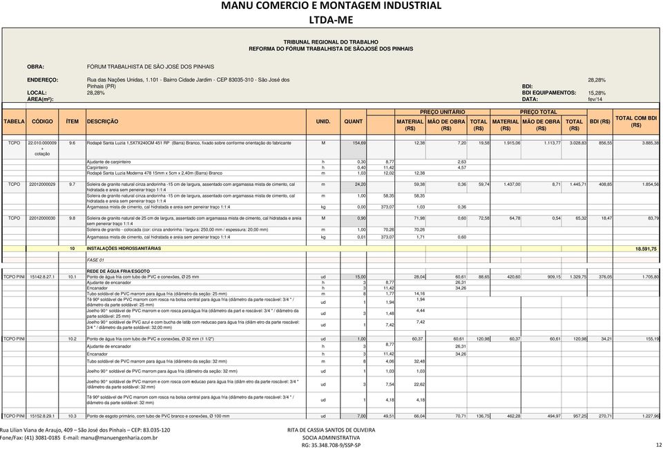 QUANT PREÇO UNITÁRIO PREÇO BDI COM BDI TCPO 22.010.000009 + cotação 9.